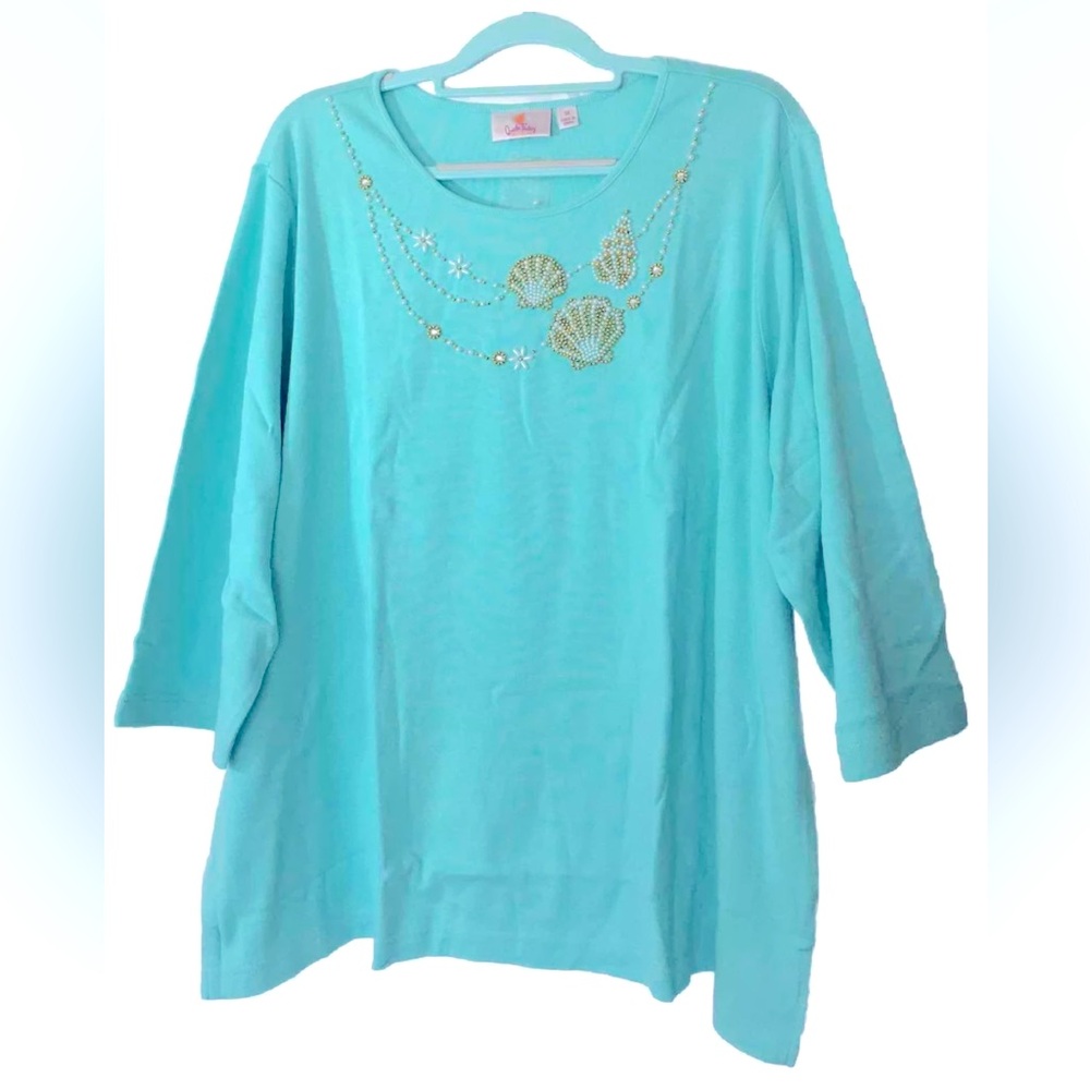 Quacker Factory  Womens Top Plus Size 3X Blue Beaded Embellished 3/4 Sleeve